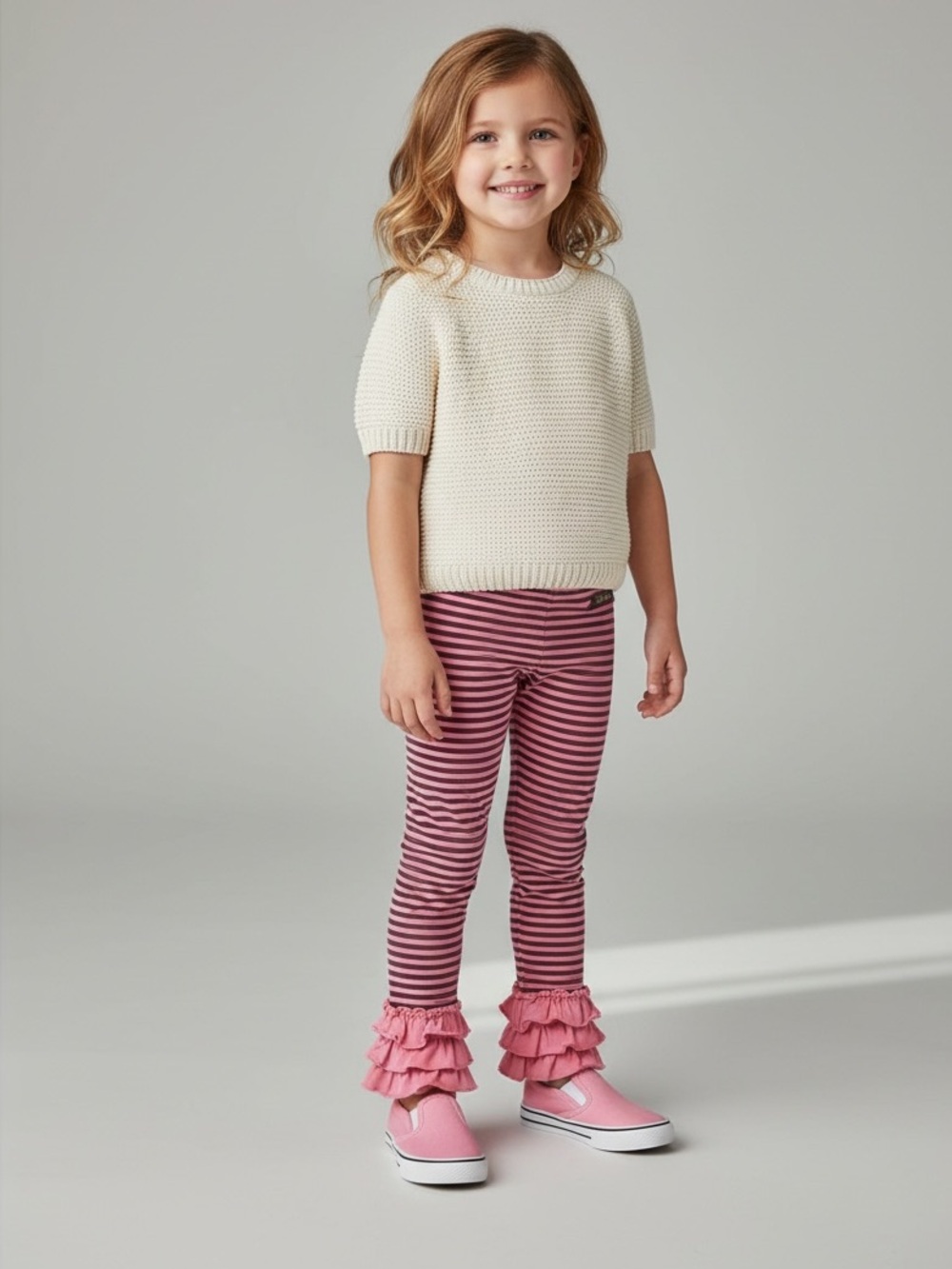 Matilda Jane Kids Pink & Brown "Friendly Mime" Striped Ruffle Leggings Sz 4